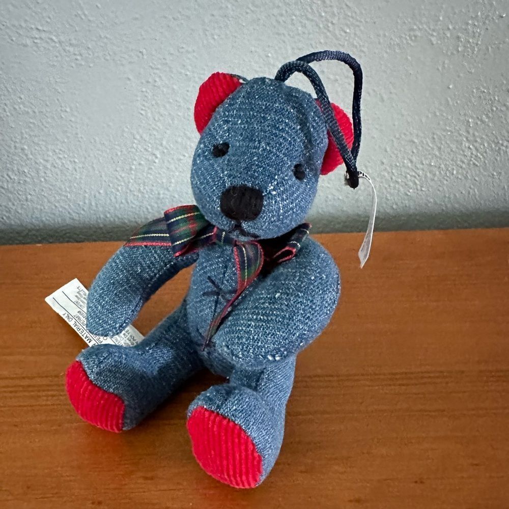 New Pier 1 Imports Denim Blue Jean Teddy Bear Ornament Gingham Plaid Bowtie 4.5”
